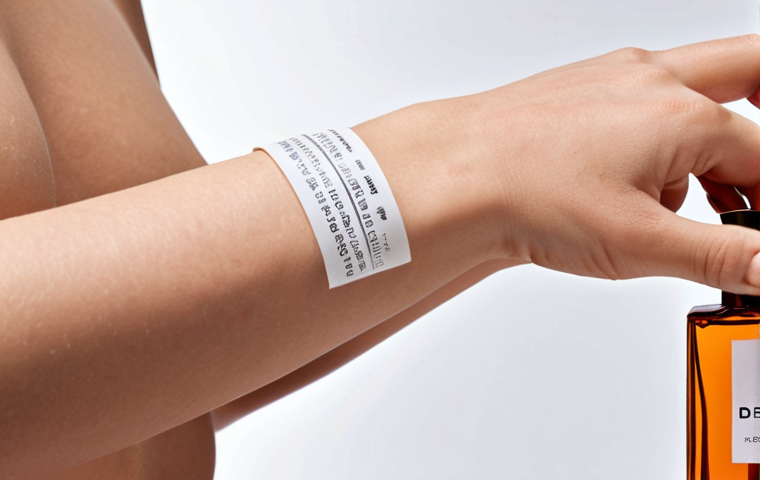 **
A close-up shot of a woman's wrist with slight redness after applying perfume. Focus on the delicate skin texture and the slight irritation. In the background, subtly display a perfume bottle with a clear label showcasing ingredients like "alcohol denat," "synthetic fragrances," and "parabens" crossed out with a red "X." The overall tone is cautionary but gentle, highlighting the importance of reading labels for sensitive skin.
**