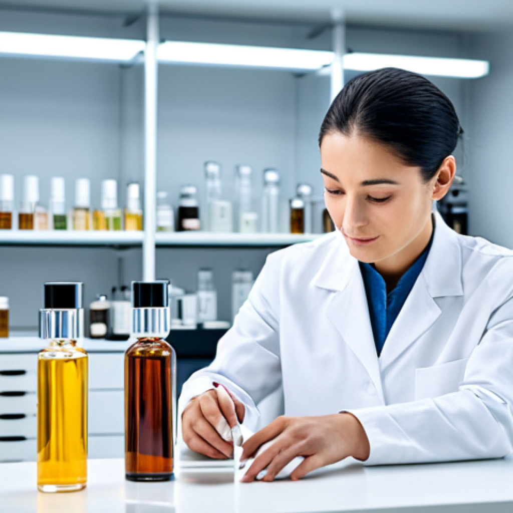 향수의 향기 노트 변화 - Modern Perfumery Creation**

"A perfumer in a bright, clean laboratory, carefully blending ingredien...
