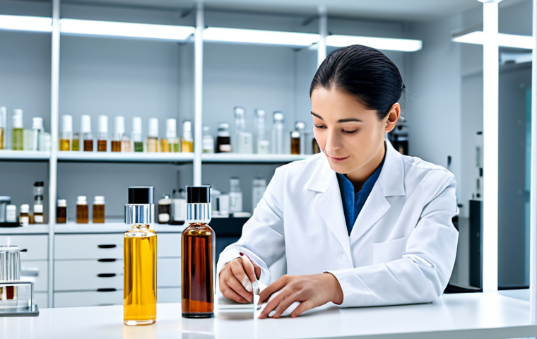 향수의 향기 노트 변화 - Modern Perfumery Creation**

"A perfumer in a bright, clean laboratory, carefully blending ingredien...