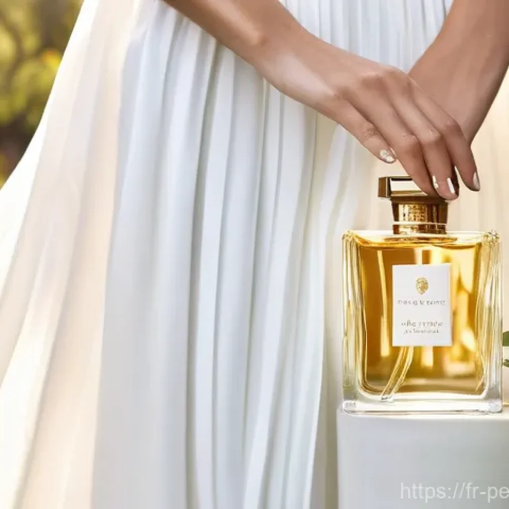 향수와 개인화 트렌드 - The Aura of a Unique Scent

**Prompt:** An elegant woman, dressed modestly in a flowing, soft fabric...
