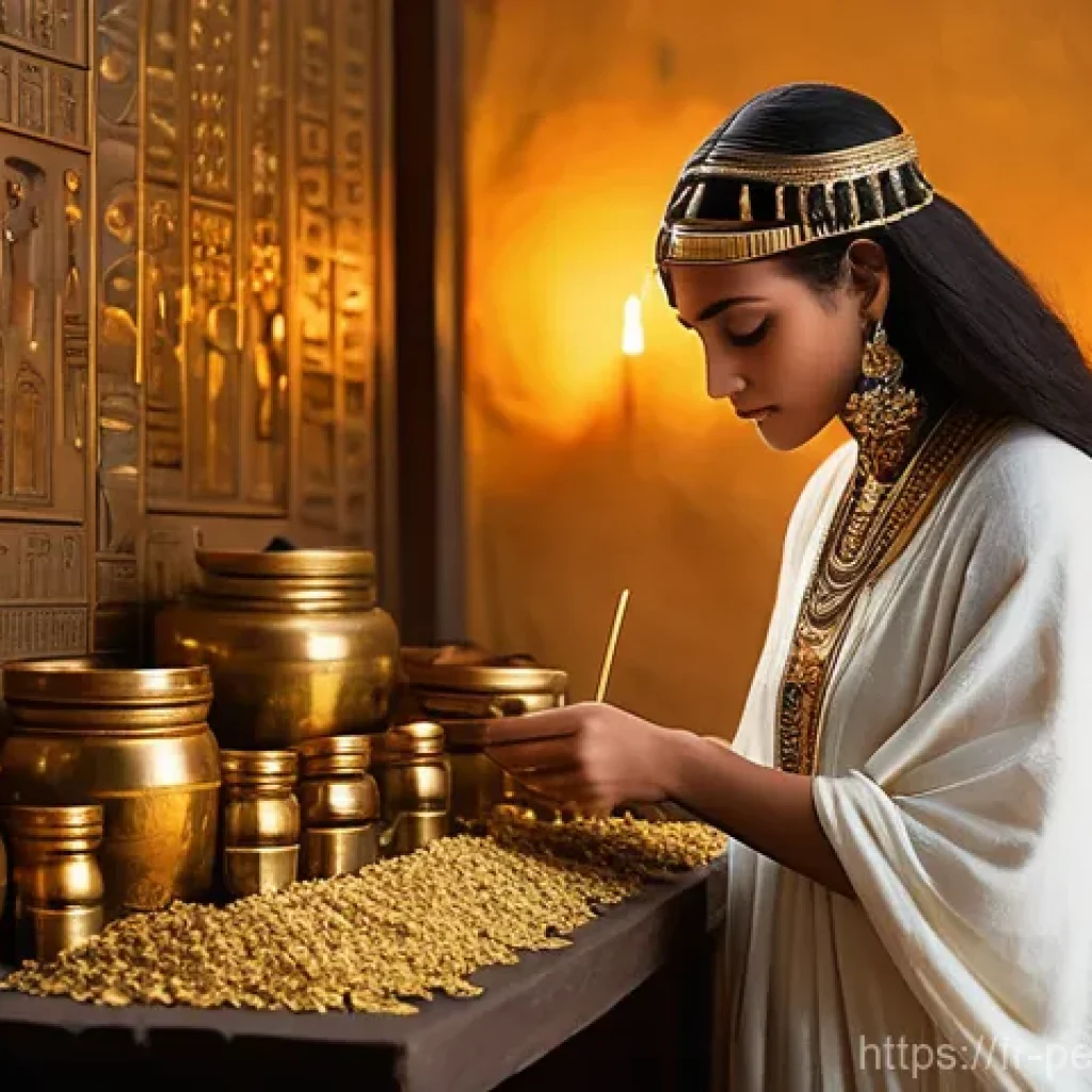 향수의 역사와 기원 - **Prompt:** A serene scene in ancient Egypt, depicting a female priestess, elegantly adorned in trad...