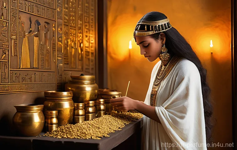향수의 역사와 기원 - **Prompt:** A serene scene in ancient Egypt, depicting a female priestess, elegantly adorned in trad...