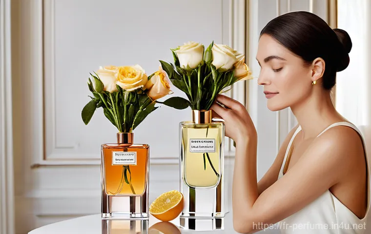 향수 향기 강도 측정 방법 - **Image Prompt 1: The Olfactory Journey**
    An elegant, sophisticated French woman in her early 30...