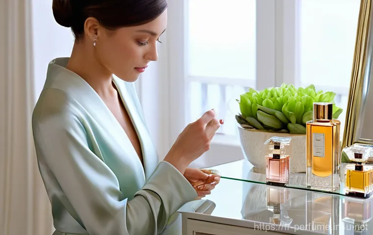 향수 복합 향기 사용법 - **"The Art of Layering"**: A sophisticated woman, in her early 30s, stands gracefully at an elegant,...