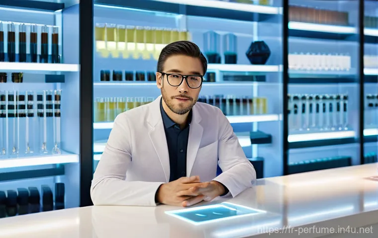 향수의 맞춤형 기술 - **Prompt 1: The AI-Assisted Olfactory Revelation**
    "A sophisticated, high-definition image of a ...