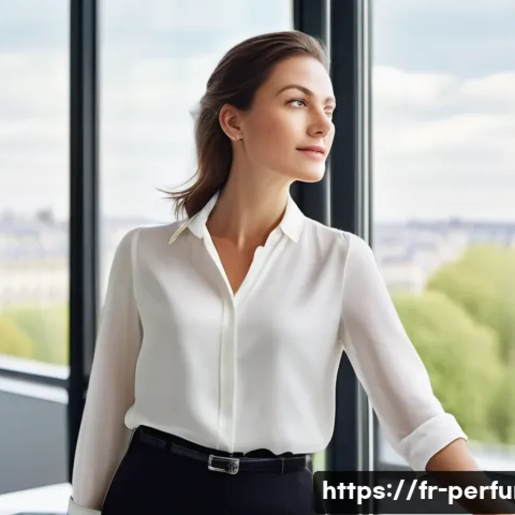 향수와 사회적 이미지 - A sophisticated French professional woman in a modern Parisian office setting, wearing elegant busin...