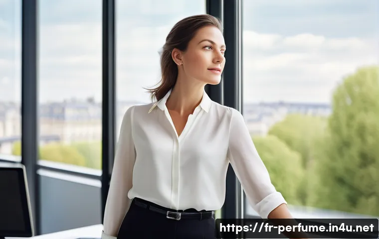 향수와 사회적 이미지 - A sophisticated French professional woman in a modern Parisian office setting, wearing elegant busin...
