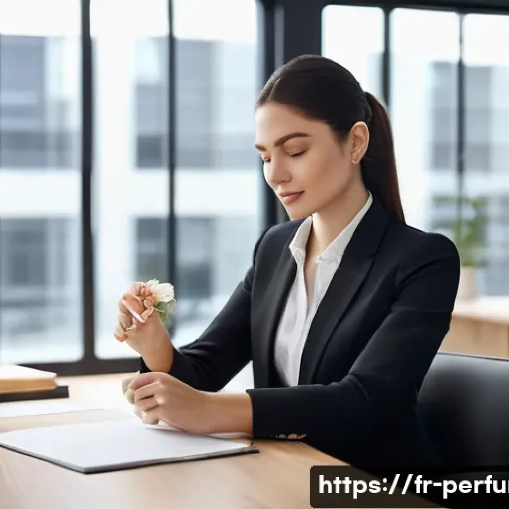 향수와 직장 문화 - A professional office scene featuring a stylish young businesswoman in elegant business attire apply...
