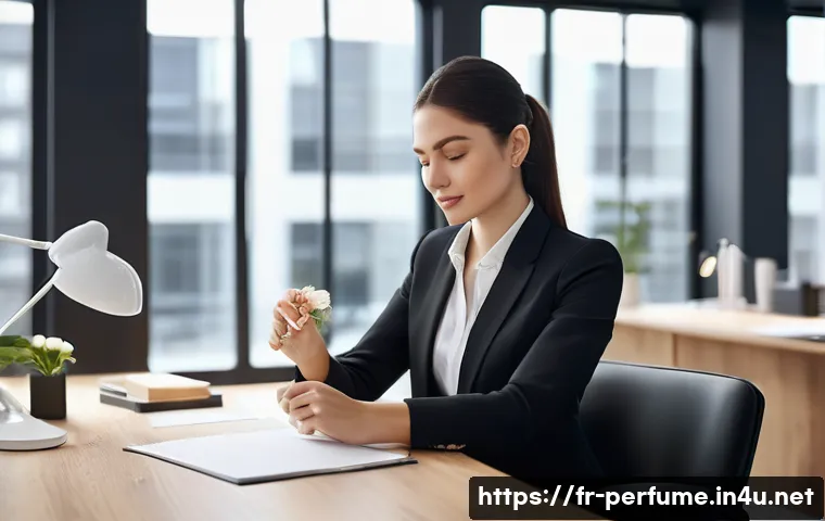 향수와 직장 문화 - A professional office scene featuring a stylish young businesswoman in elegant business attire apply...