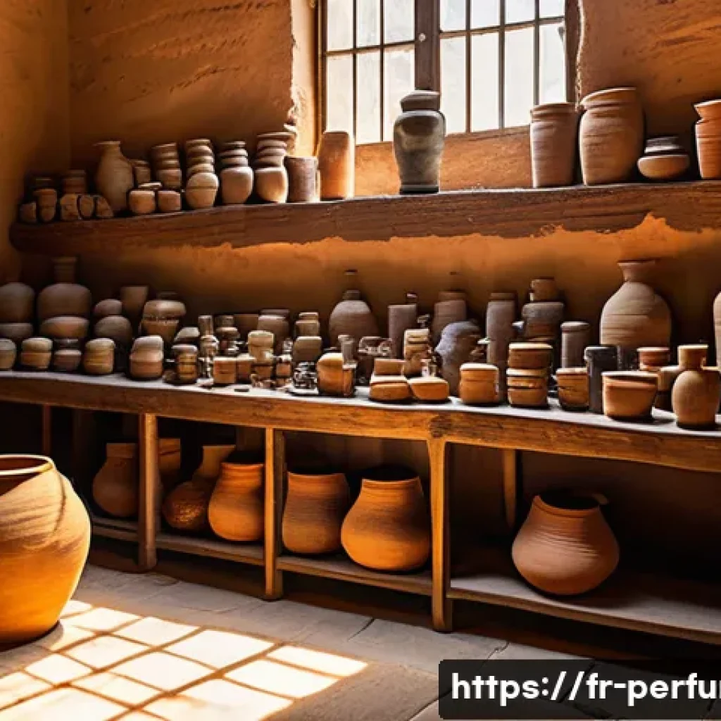 향수의 변화 과정 - A detailed scene of an ancient Egyptian perfumer&rsquo;s workshop, showcasing artisans extracting essentia...