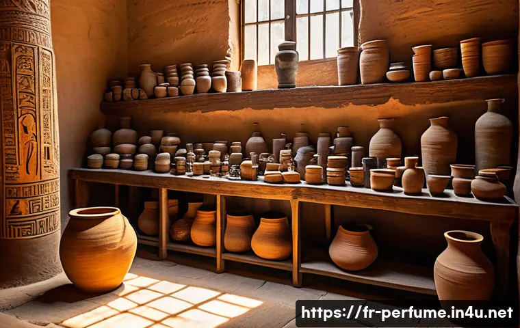 향수의 변화 과정 - A detailed scene of an ancient Egyptian perfumer’s workshop, showcasing artisans extracting essentia...