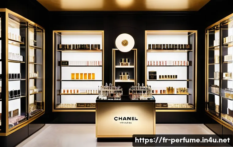 고급 향수 브랜드 추천 - A luxurious perfume boutique interior in Paris, featuring elegant glass shelves filled with iconic f...