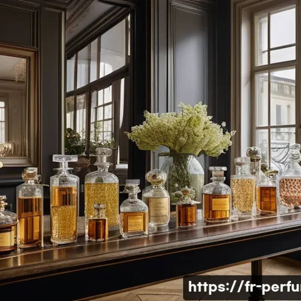 향수의 향기 프로파일 - A sophisticated perfume workshop scene in a chic Parisian studio, featuring a diverse group of adult...