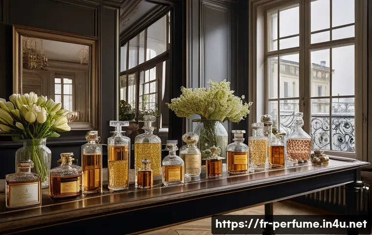 향수의 향기 프로파일 - A sophisticated perfume workshop scene in a chic Parisian studio, featuring a diverse group of adult...
