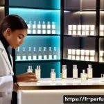Home 20 향수 유통 및 마케팅 전략 - A modern, elegant perfume boutique interior in Paris, featuring immersive sensory stations where cus...