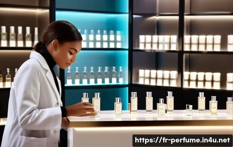 향수 유통 및 마케팅 전략 - A modern, elegant perfume boutique interior in Paris, featuring immersive sensory stations where cus...