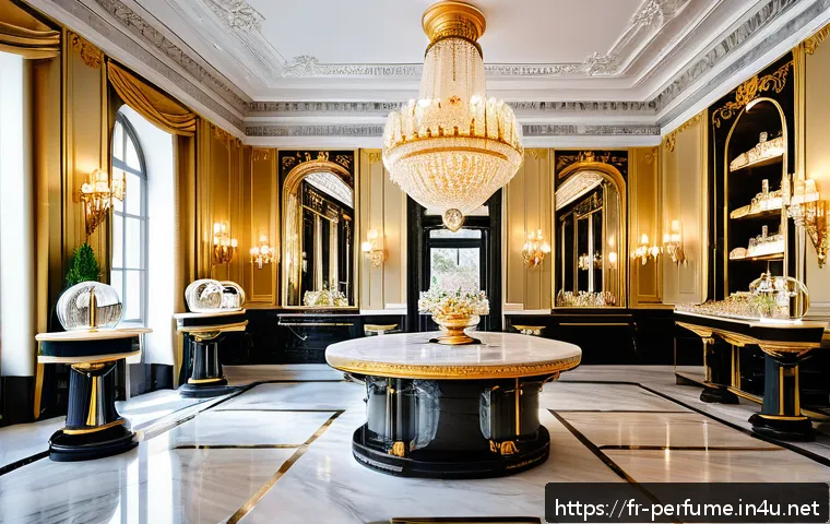 향수 마케팅 전략 - A luxurious perfume boutique interior inspired by the gardens of Versailles, featuring elegant golde...