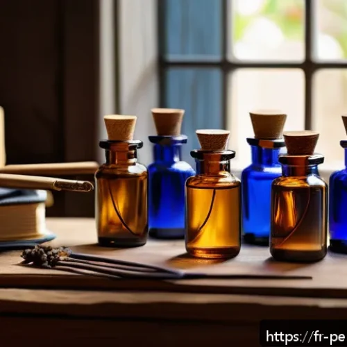 Home 30 여자 향수 만들기 - A cozy artisan perfume workshop scene in a softly lit room with wooden shelves filled with amber and...