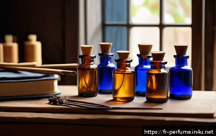 여자 향수 만들기 - A cozy artisan perfume workshop scene in a softly lit room with wooden shelves filled with amber and...