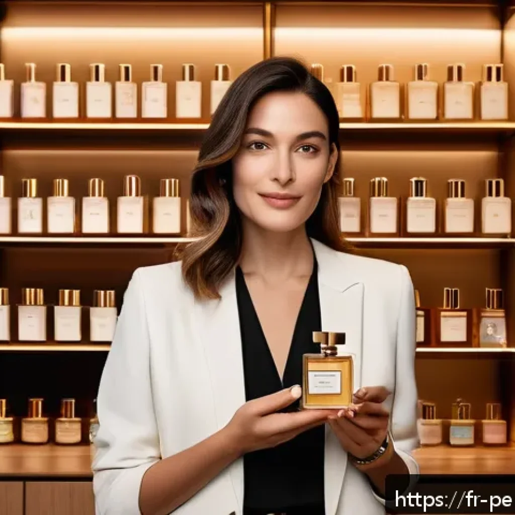 향수의 향기 훈련법 - A sophisticated perfume boutique interior in Paris, softly lit with elegant wooden shelves displayin...