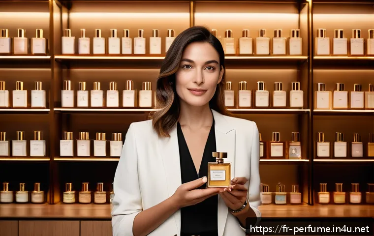 향수의 향기 훈련법 - A sophisticated perfume boutique interior in Paris, softly lit with elegant wooden shelves displayin...