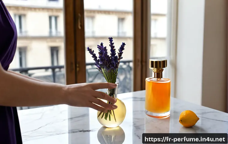 향수 취향 테스트 - Photorealistic elegant fragrance preference test scene in a bright Parisian apartment, a French woma...